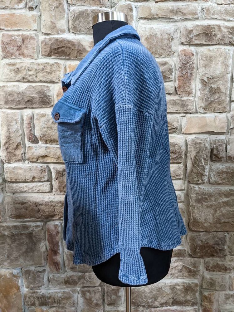 Bucketlist Blue Vintage Wash Waffle Knit Shacket