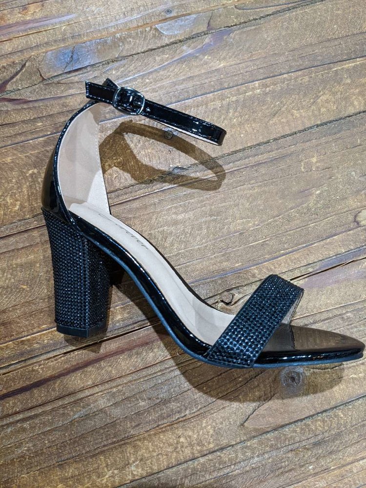 Forever Black Crystal Sandals w/3" Block Heels