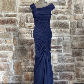 Tadashi Shoji Navy Asymmetrical Side Ruched Mesh Gown, Size XL