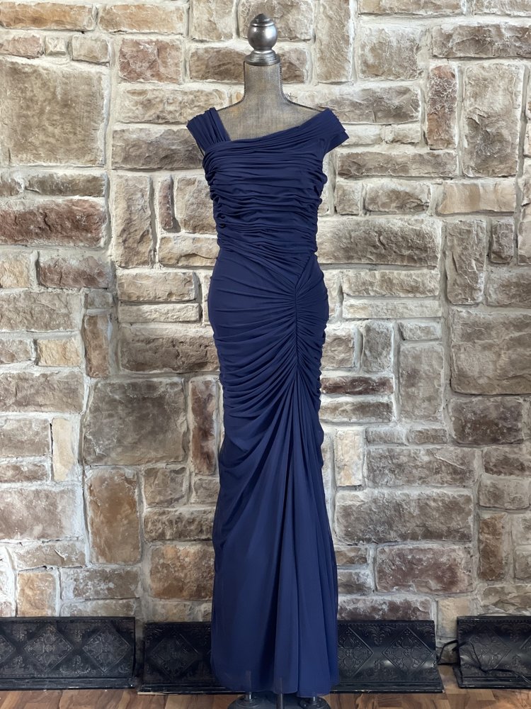 Tadashi Shoji Navy Asymmetrical Side Ruched Mesh Gown, Size XL
