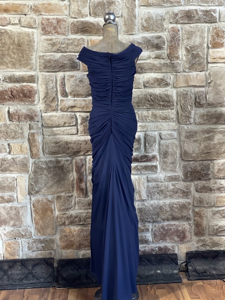 Tadashi Shoji Navy Asymmetrical Side Ruched Mesh Gown, Size XL