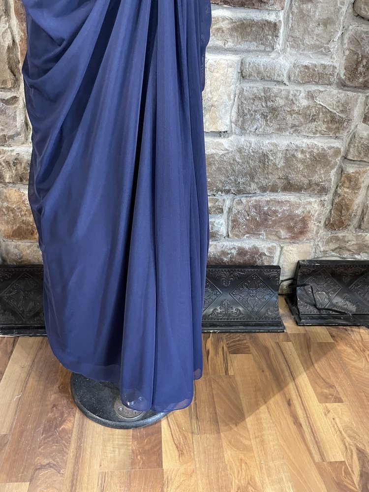 Tadashi Shoji Navy Asymmetrical Side Ruched Mesh Gown, Size XL