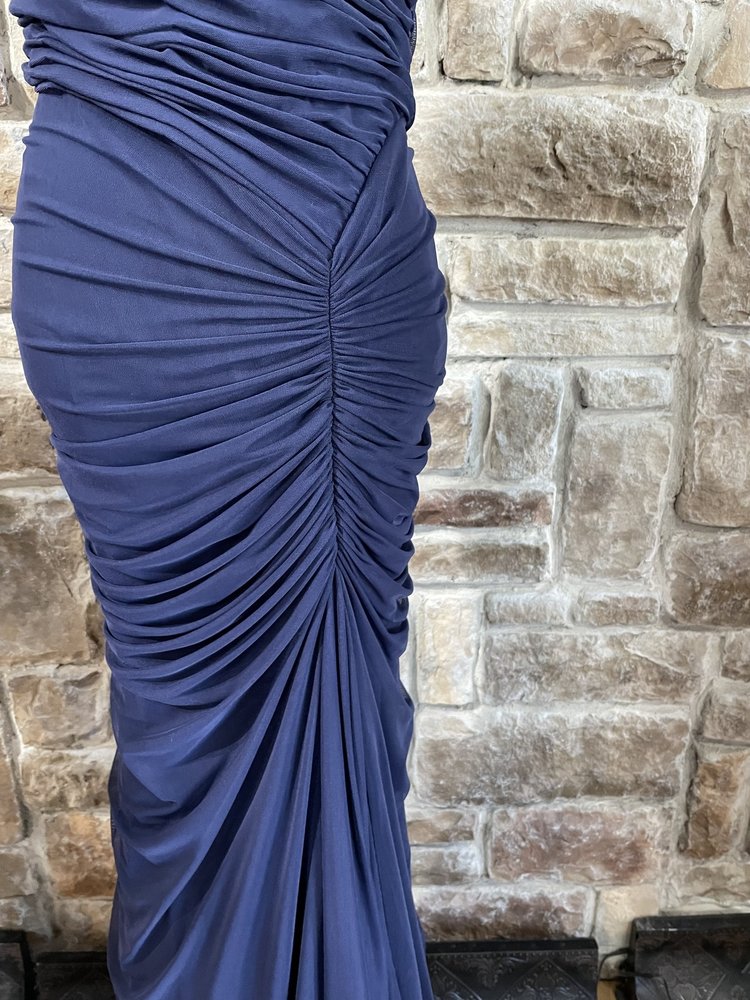 Tadashi Shoji Navy Asymmetrical Side Ruched Mesh Gown, Size XL