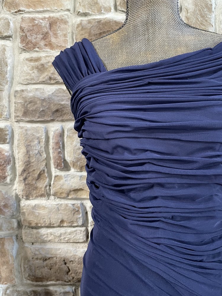 Tadashi Shoji Navy Asymmetrical Side Ruched Mesh Gown, Size XL