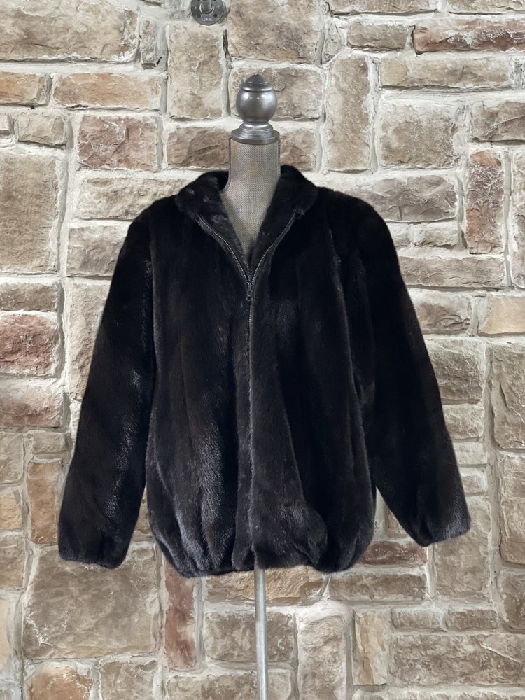 Very Dark Ranch Mink Zip-Up Bomber Jacket, Size L