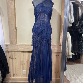 Monique Lhuiller Navy One Shoulder Lace Under-Lay Tulle Gown, Size 8