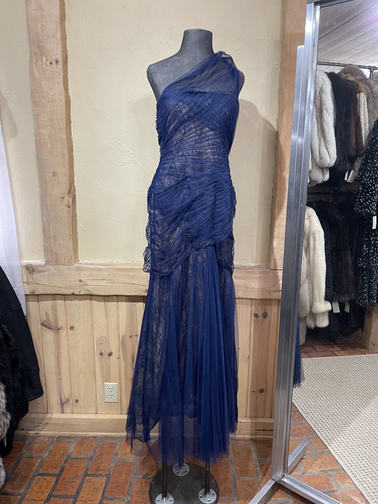 Monique Lhuiller Navy One Shoulder Lace Under-Lay Tulle Gown, Size 8