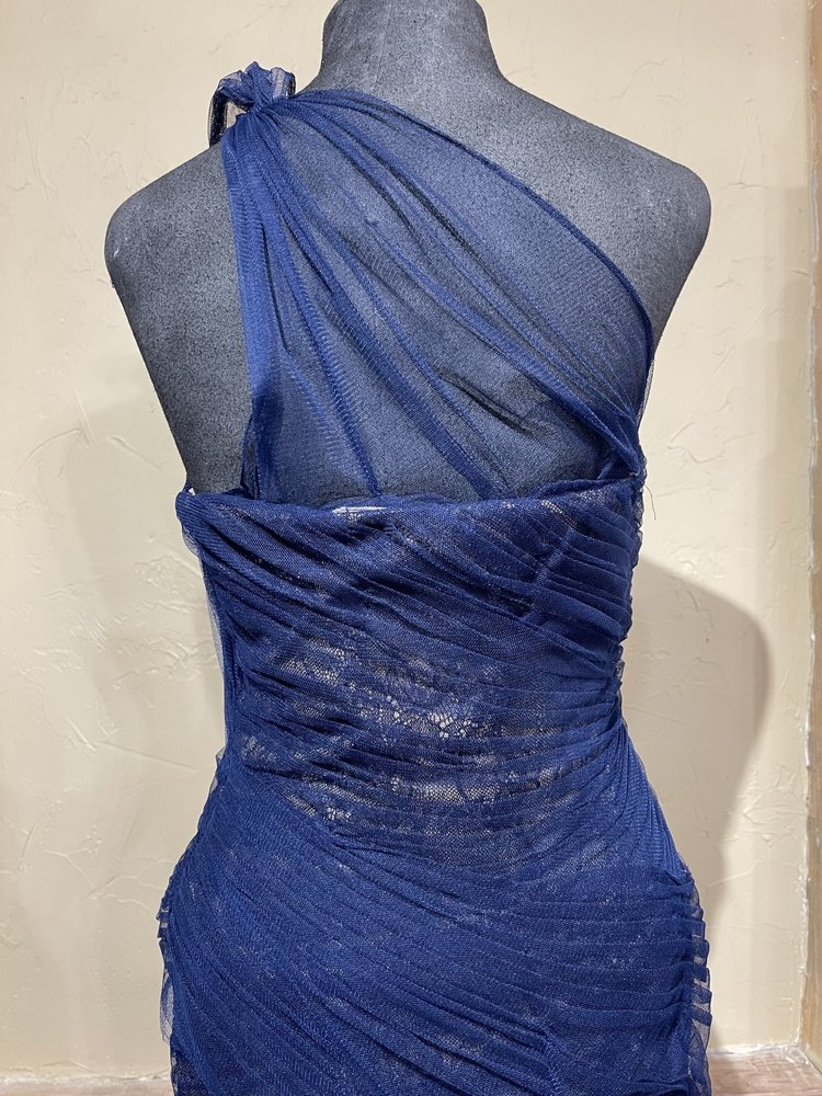 Monique Lhuiller Navy One Shoulder Lace Under-Lay Tulle Gown, Size 8