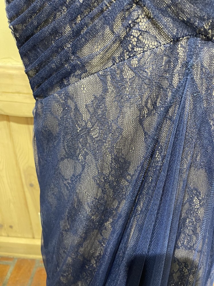 Monique Lhuiller Navy One Shoulder Lace Under-Lay Tulle Gown, Size 8