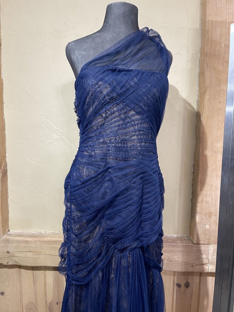 Monique Lhuiller Navy One Shoulder Lace Under-Lay Tulle Gown, Size 8