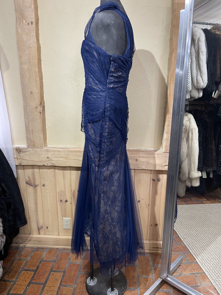 Monique Lhuiller Navy One Shoulder Lace Under-Lay Tulle Gown, Size 8