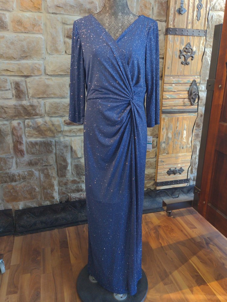 Alex Evenings Blue Twist-Front Gown with Silver Shimmer