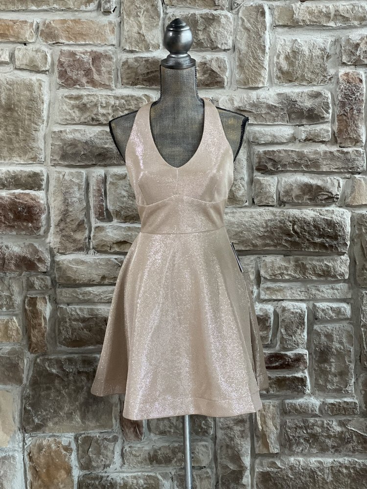 Teeze Me Champagne Halter Strap Back Fit and Flare Dress, Size 9/10