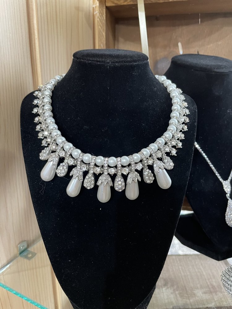 Silver Pear Pearl Bling Statement Necklace