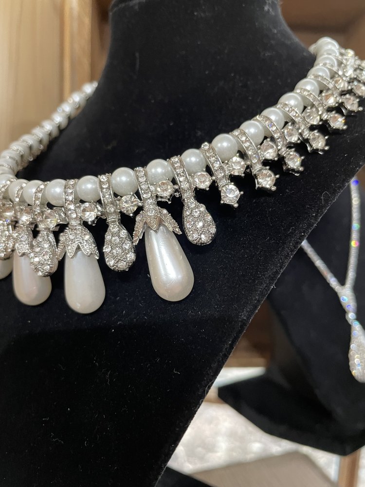 Silver Pear Pearl Bling Statement Necklace