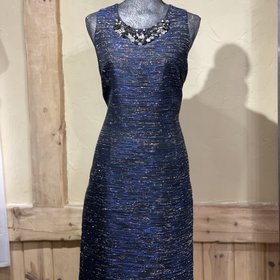 Laundry Navy and Gold Shimmer Jewel Encrusted Bib Dress, Size 12