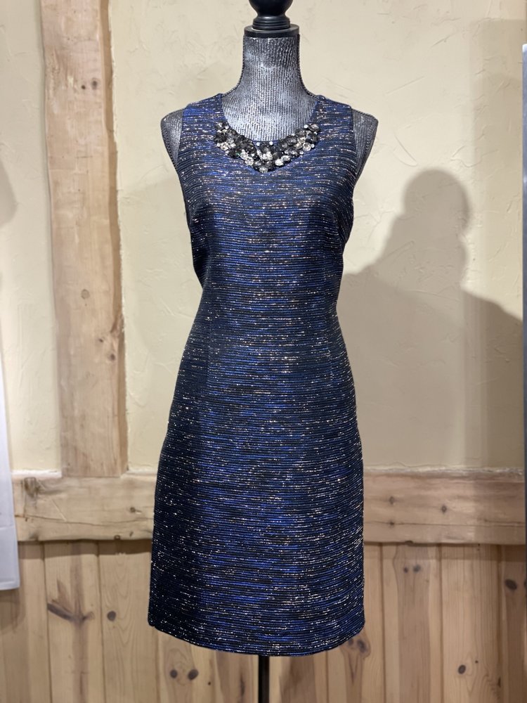 Laundry Navy and Gold Shimmer Jewel Encrusted Bib Dress, Size 12