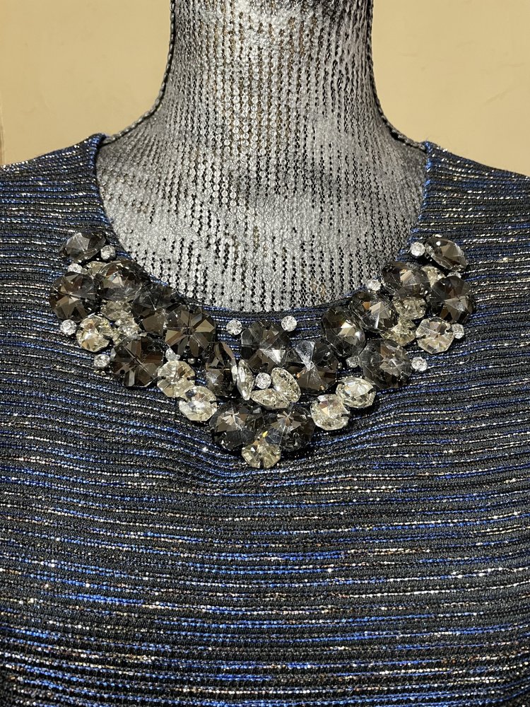 Laundry Navy and Gold Shimmer Jewel Encrusted Bib Dress, Size 12