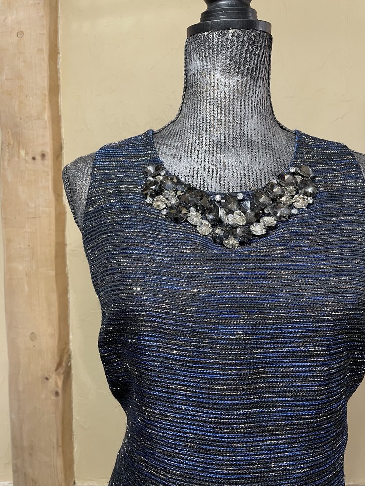 Laundry Navy and Gold Shimmer Jewel Encrusted Bib Dress, Size 12