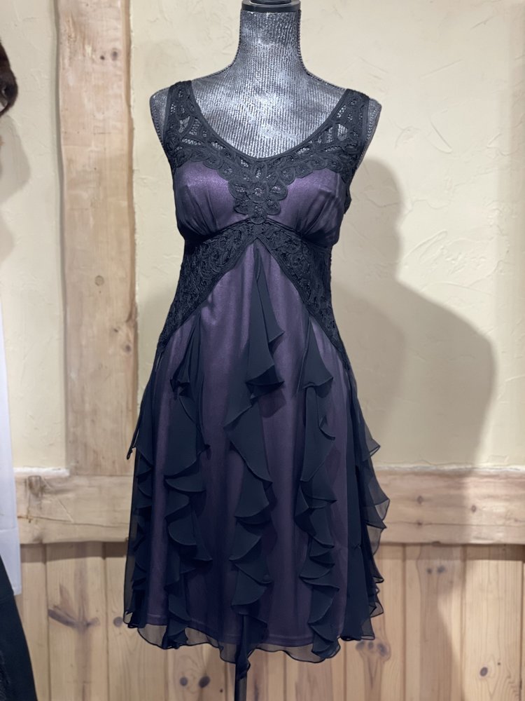 Sue Wong Black and Purple Chiffon Lace Overlay Dress, Size 12