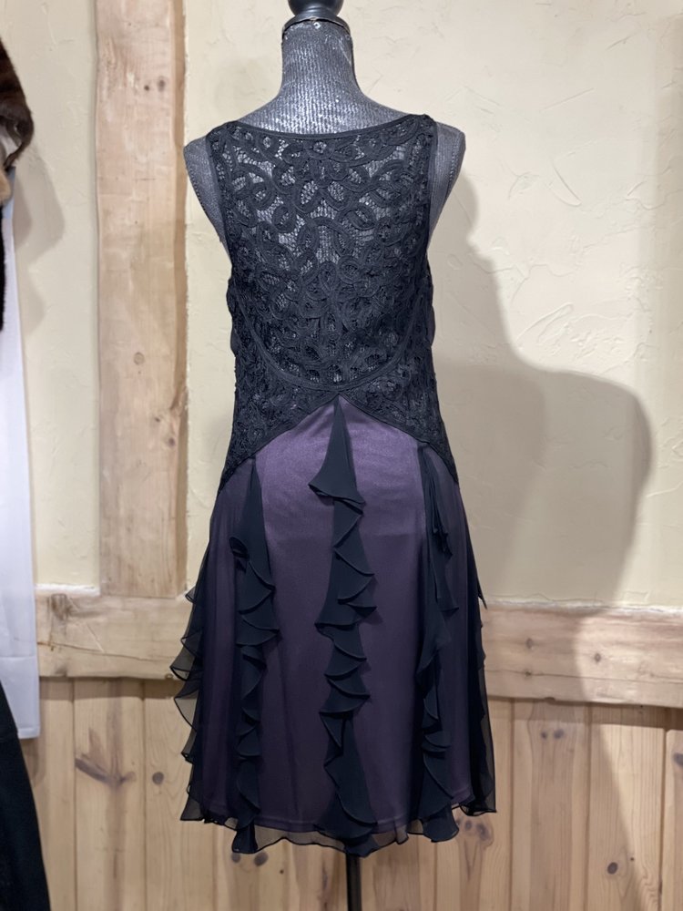Sue Wong Black and Purple Chiffon Lace Overlay Dress, Size 12