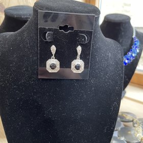 Silver Square Earrings w/ Black Stone