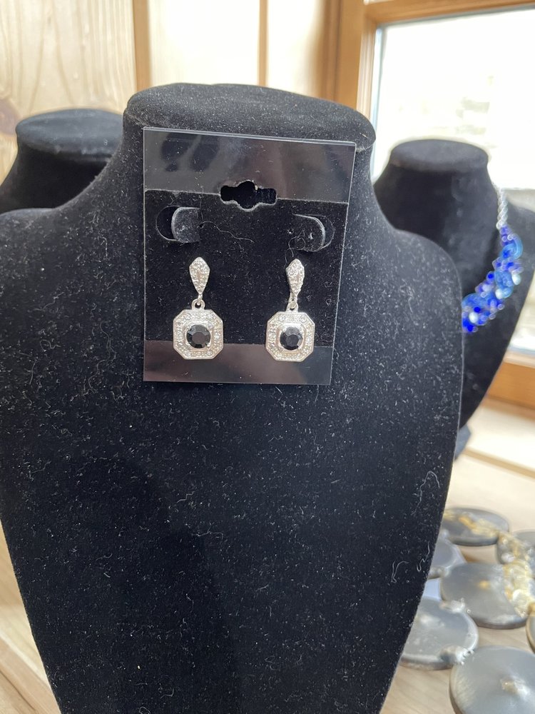 Silver Square Earrings w/ Black Stone