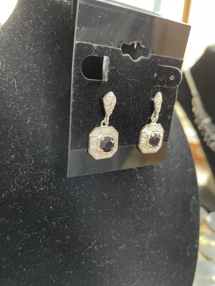 Silver Square Earrings w/ Black Stone