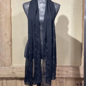 Cejon Black Floral Beaded Sheer Scarf, O/S