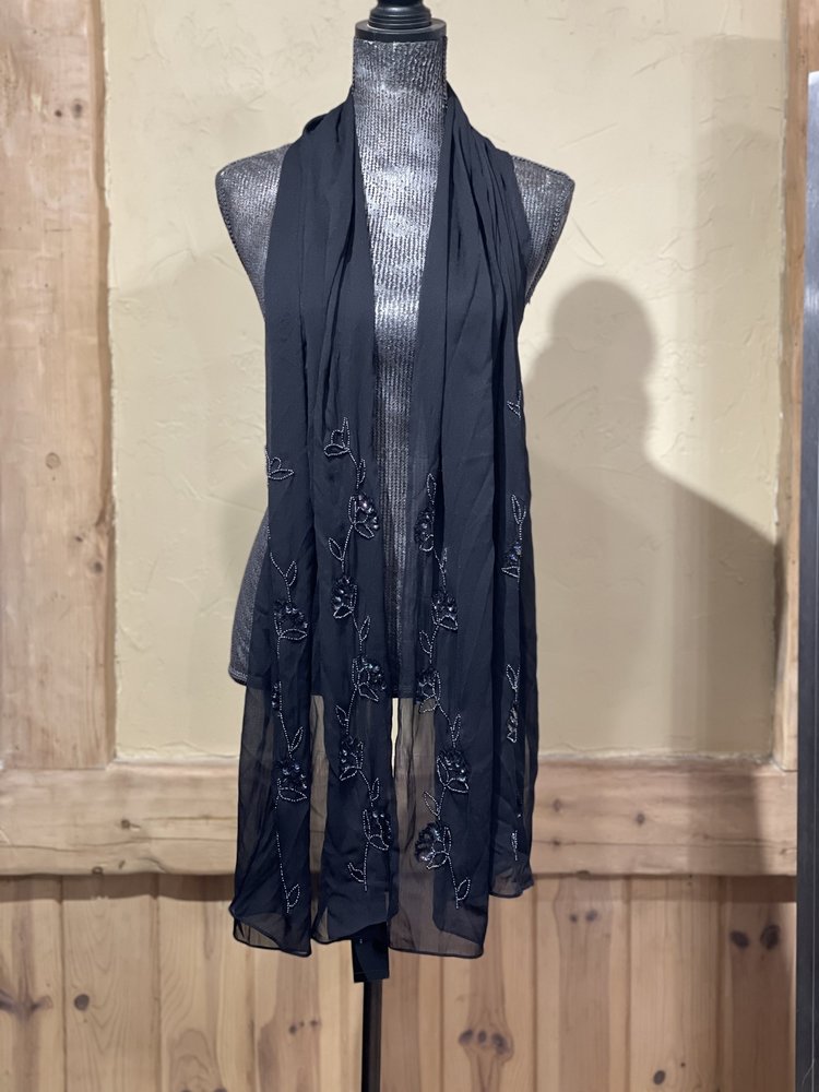 Cejon Black Floral Beaded Sheer Scarf, O/S