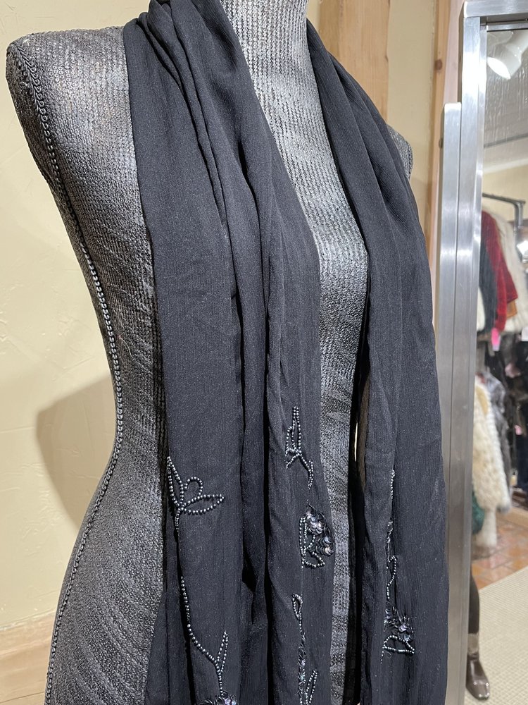 Cejon Black Floral Beaded Sheer Scarf, O/S