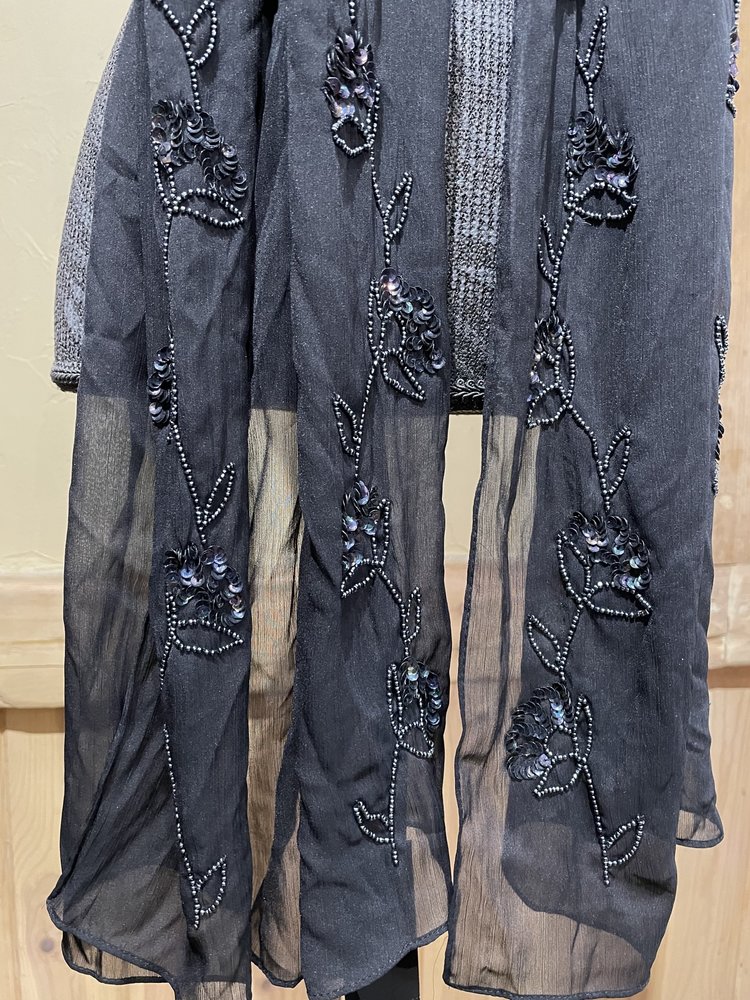 Cejon Black Floral Beaded Sheer Scarf, O/S