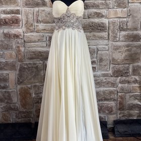 Terani Couture Light Yellow Crystal Embellished Waist Gown w/ Scarf, Size 8
