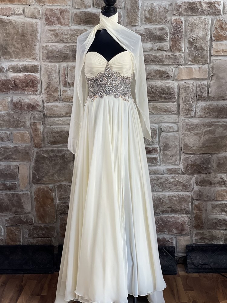 Terani Couture Light Yellow Crystal Embellished Waist Gown w/ Scarf, Size 8