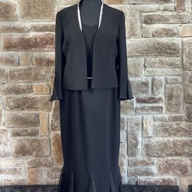 Junnie Leigh New York Black Swarovski Crystal Trim Chiffon Insert Gown w/ Jacket, Size 18