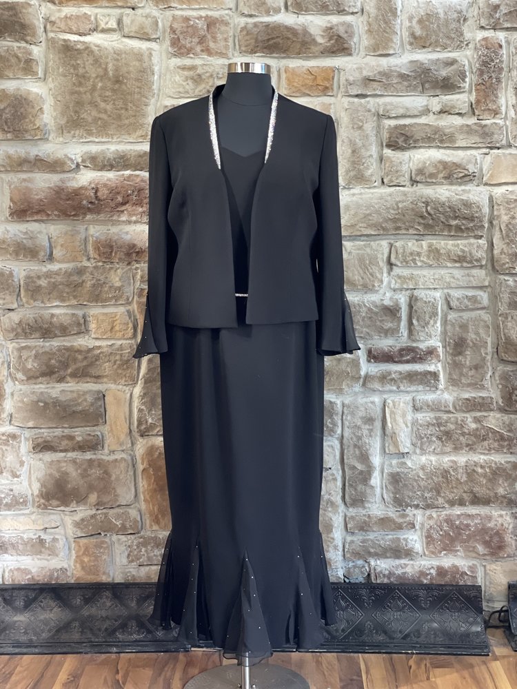 Junnie Leigh New York Black Swarovski Crystal Trim Chiffon Insert Gown w/ Jacket, Size 18