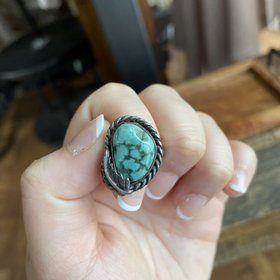 Silver Feather and Turquoise Stone Ring, Size 6.5
