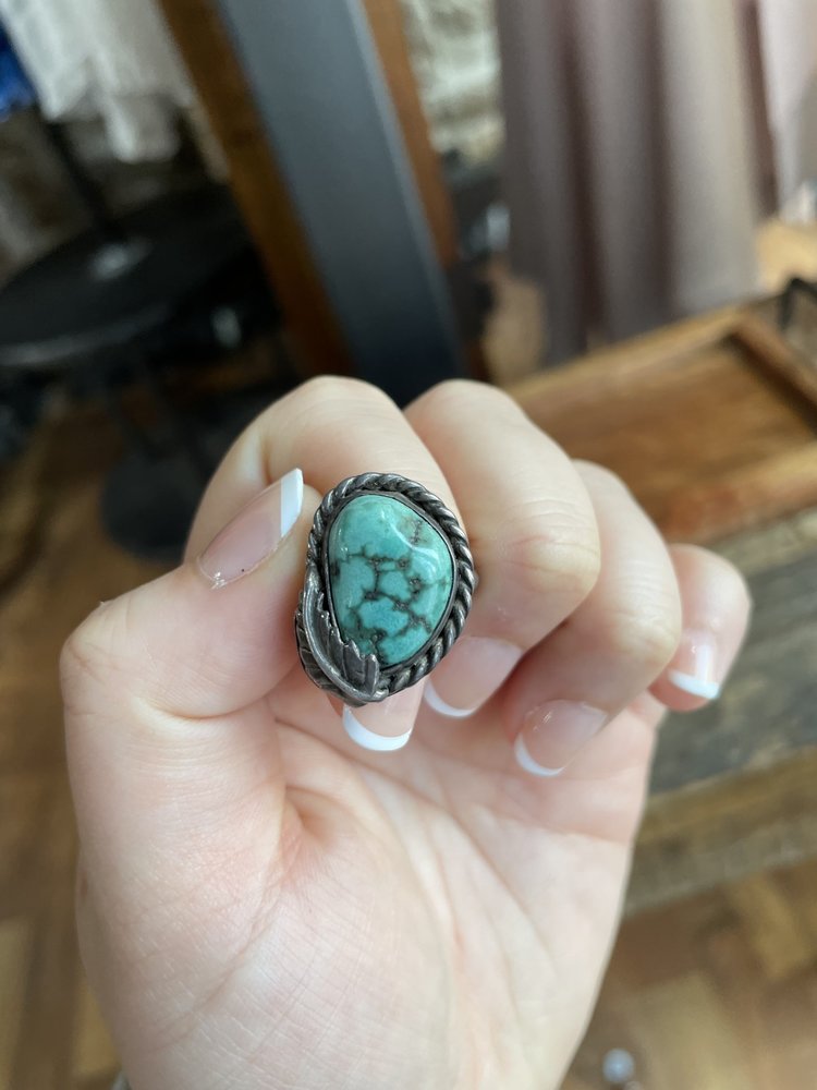 Silver Feather and Turquoise Stone Ring, Size 6.5