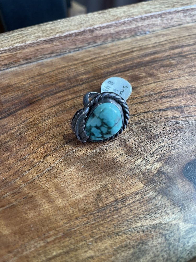 Silver Feather and Turquoise Stone Ring, Size 6.5
