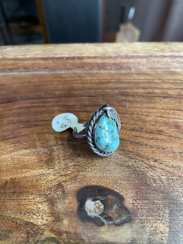 Silver Feather and Turquoise Stone Ring, Size 6.5