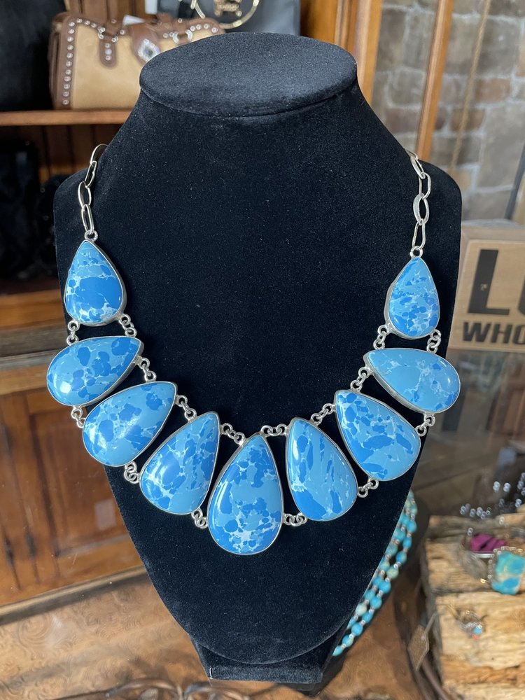 Silver Caribbean Larimar Tear Drop Bib Necklace