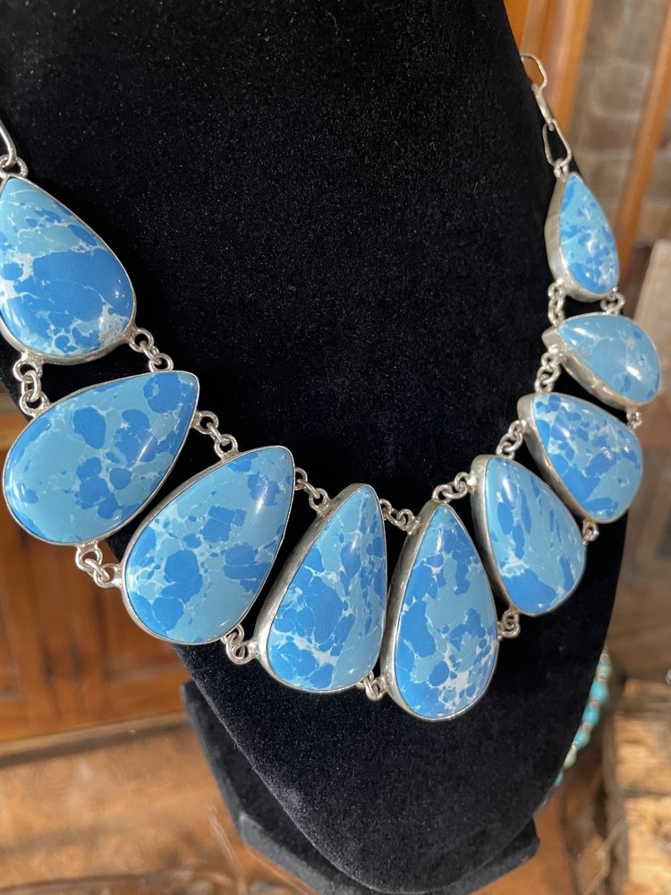 Silver Caribbean Larimar Tear Drop Bib Necklace