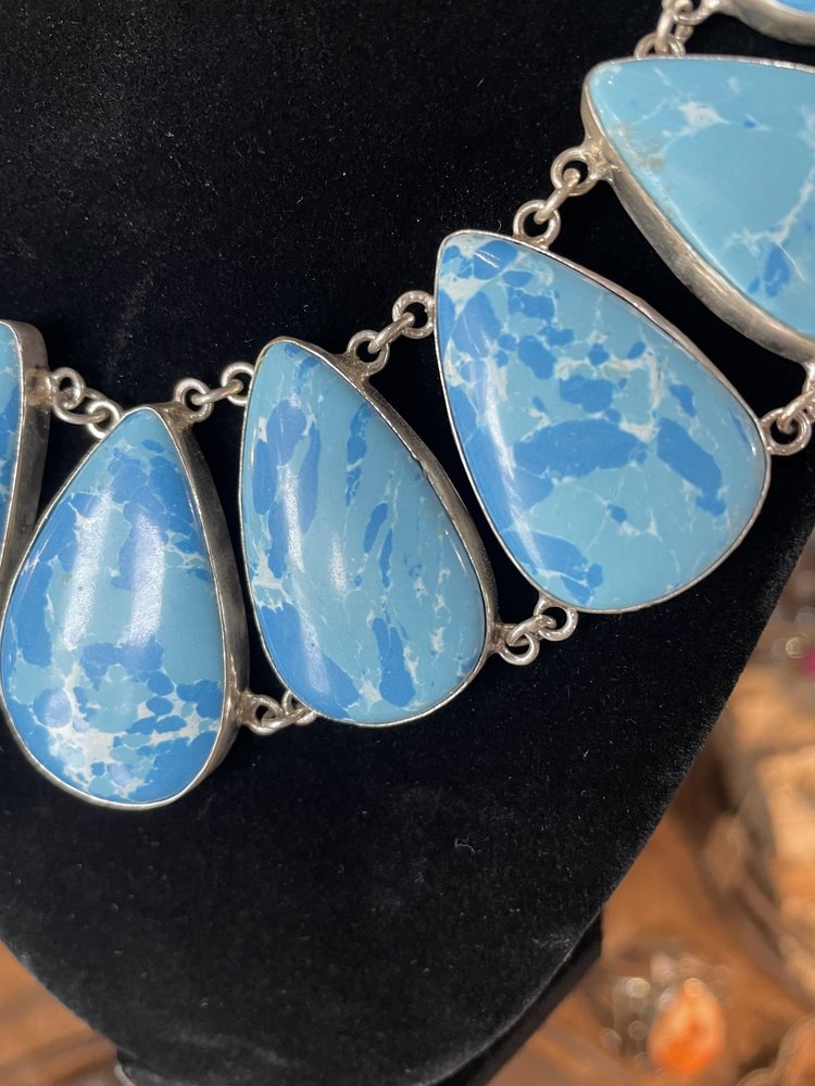 Silver Caribbean Larimar Tear Drop Bib Necklace