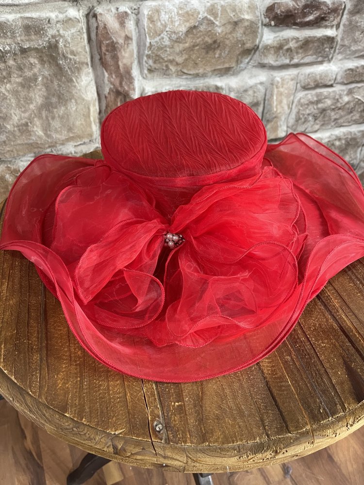Too Too Hat Red Adjustable Organza Floral Flat Top Hat O/S