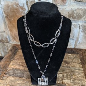 Gallery Silver Double Necklace with Square Pendant and Bubble Earrings