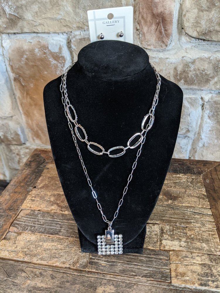 Gallery Silver Double Necklace with Square Pendant and Bubble Earrings