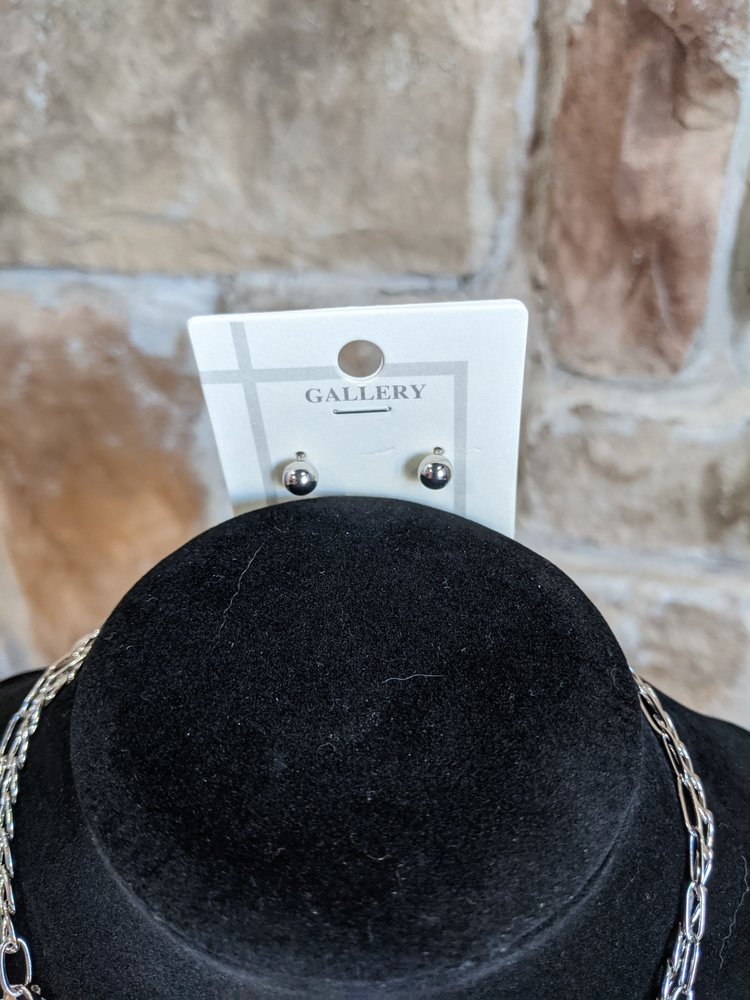 Gallery Silver Double Necklace with Square Pendant and Bubble Earrings