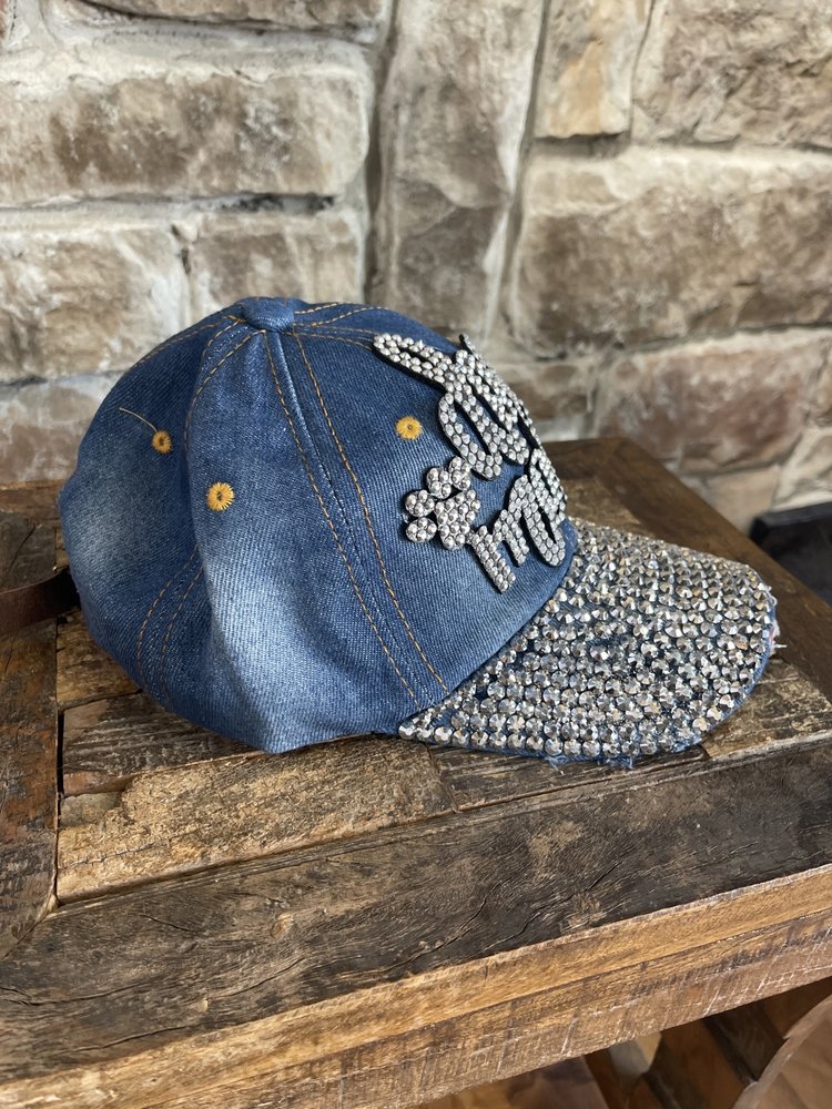 Sophia Collection Blue Denim Adjustable Silver Sparkle Dog Mom Cap