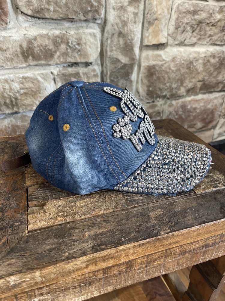Sophia Collection Blue Denim Adjustable Silver Sparkle Dog Mom Cap