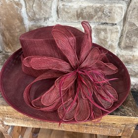 Sophia Collection Burgundy Adjustable Daisy Feather Loop Flax Sinamay Hat O/S
